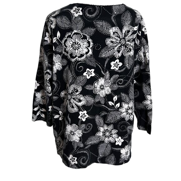 Alfred Dunner Black White Floral Size Large Pullover 3/4 Sleeves Top Shirt - Picture 3 of 8